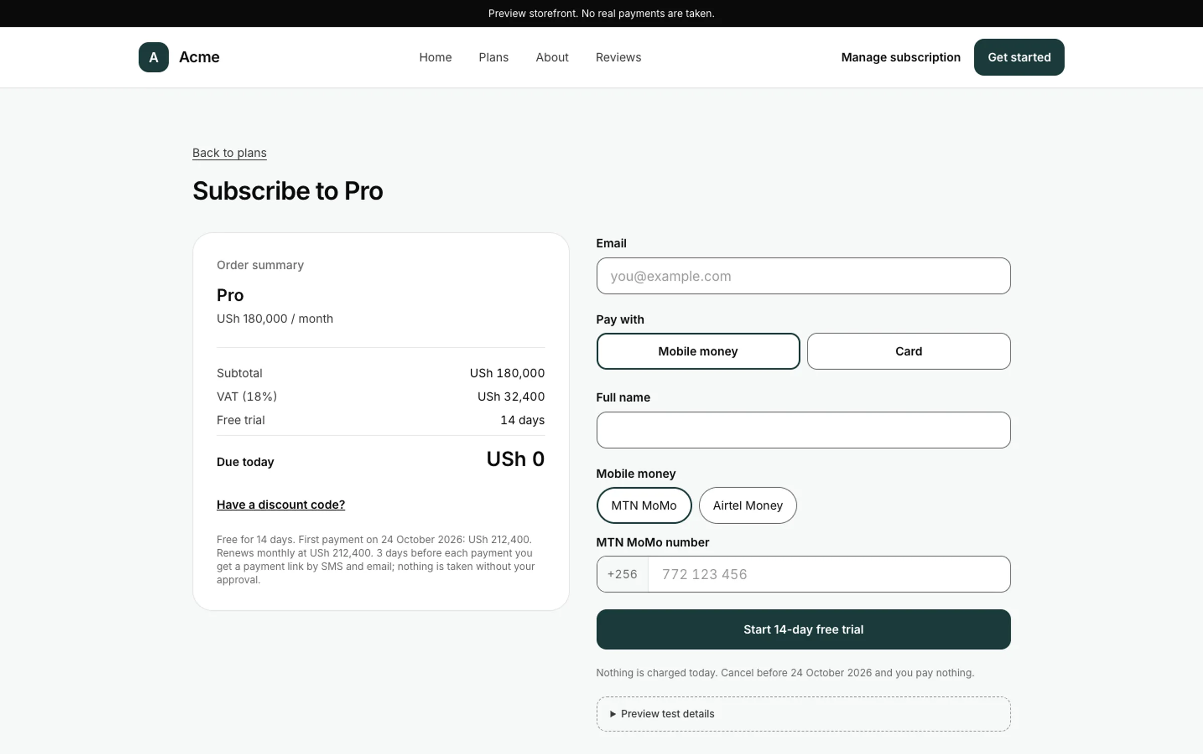MariFlow Pro checkout with mobile money